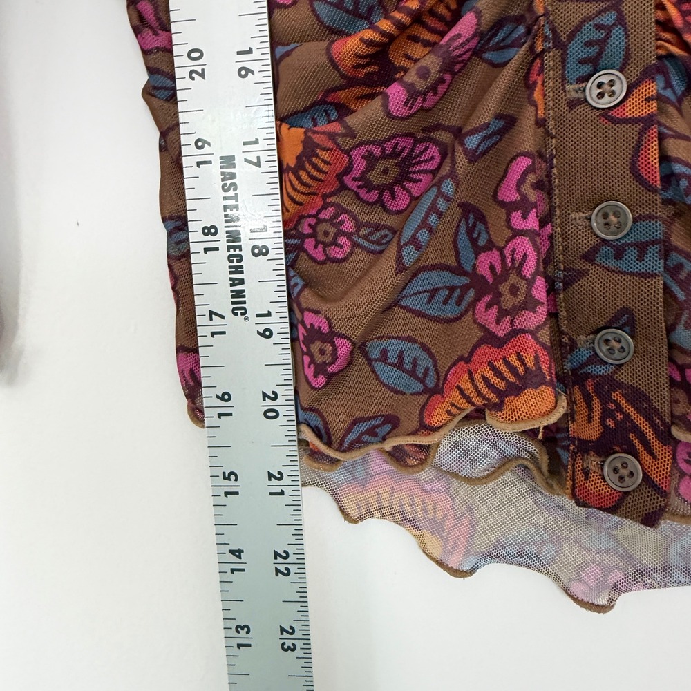Natural Life Women Brown Floral Mesh Ruched Button Front Lettuce Edge Top Small - Picture 8 of 8